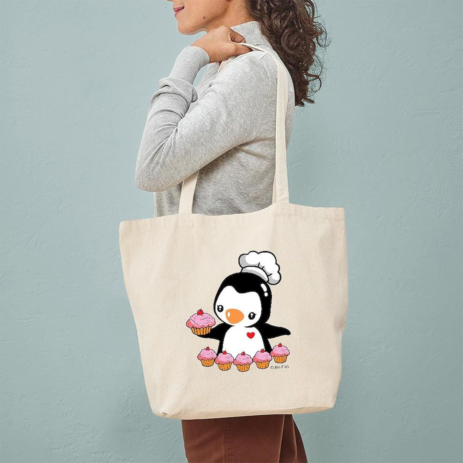 Cooking Penguin Tote Bag Reusable Natural Beige Canvas Shopping Bag