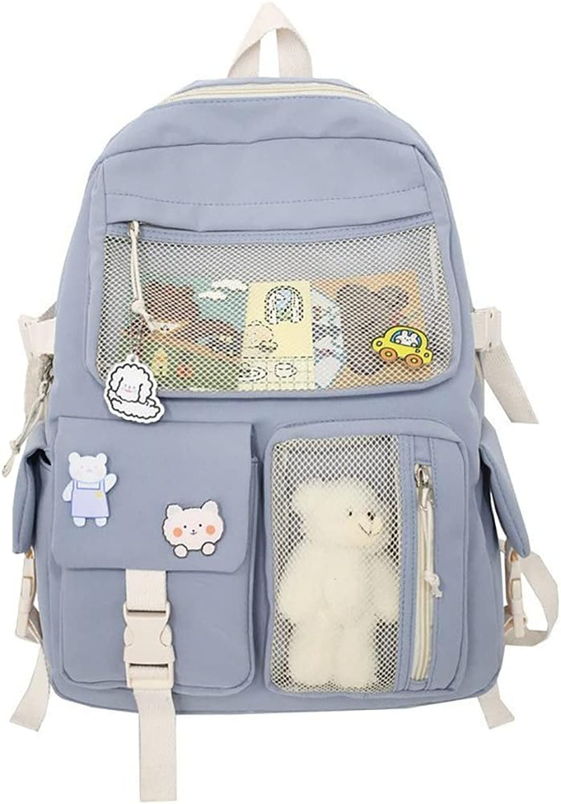 Kawaii Backpack for Girls Women with Pin Bear Accessories Cute College High School Backpack Laptop Bookbag Blue2