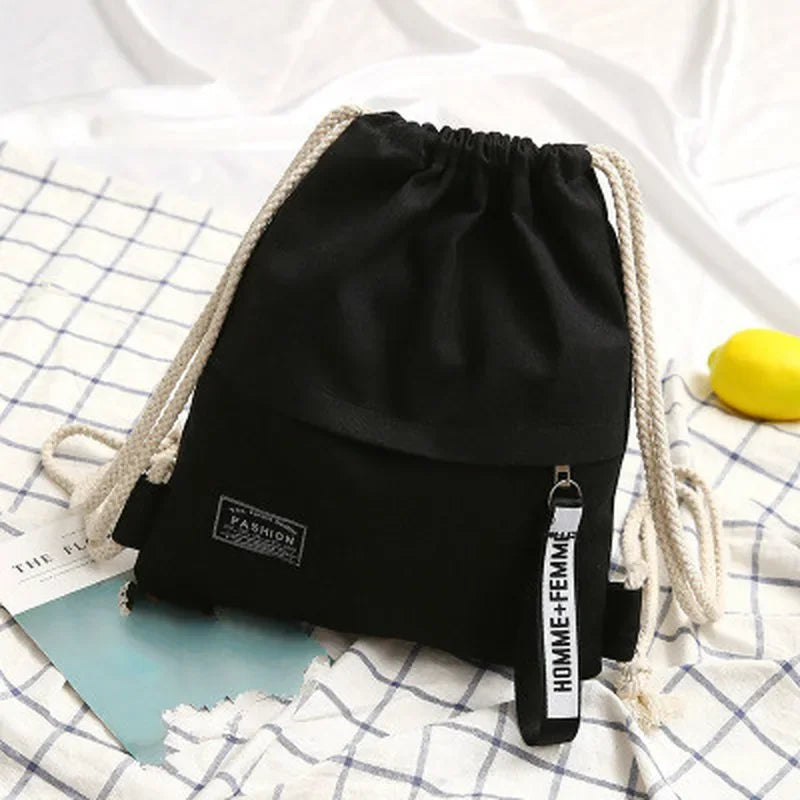 1 Pc Canvas School Bag Double Shoulder Drawstring Backpack Drawstring Pocket Portable Casual Backpack Women Men Travel Backpack