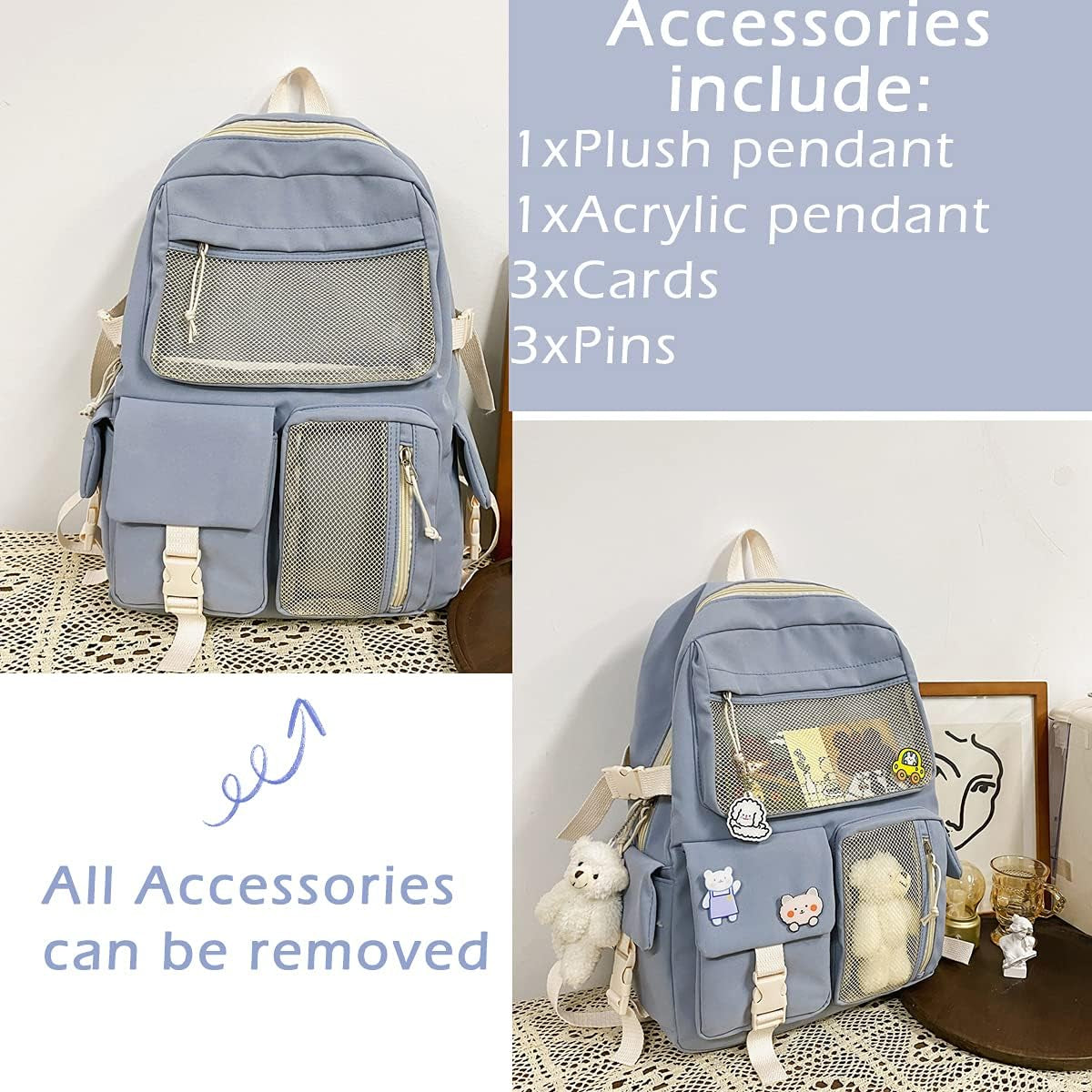 Kawaii Backpack for Girls Women with Pin Bear Accessories Cute College High School Backpack Laptop Bookbag Blue2