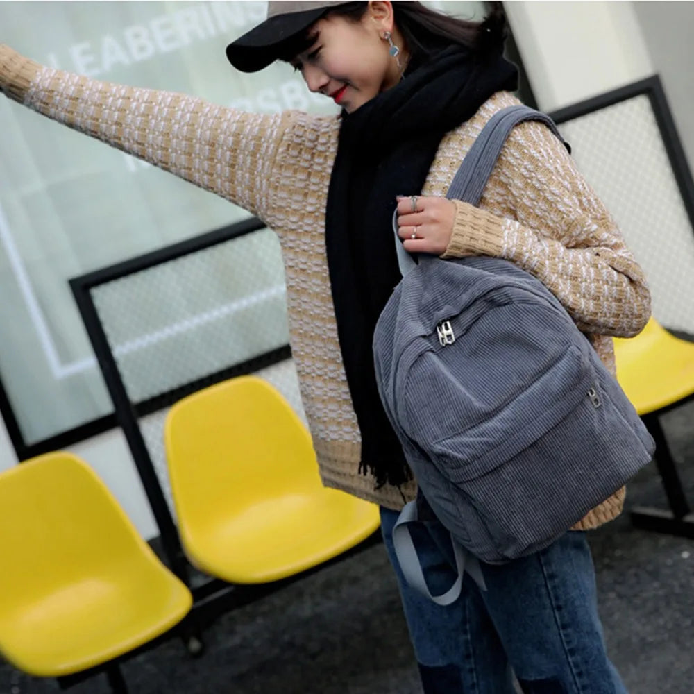 Pure Color Corduroy Backpack Fashion Women School Backpack Women Backpack Teenger Girl School Bags Female Bagpack