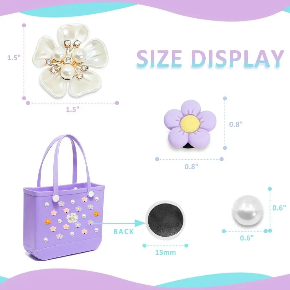 24Pcs Flowers and Pearls Charms for Bogg Bag Compatible with Women Rubber Beach Bag Tote Handbag Decoration