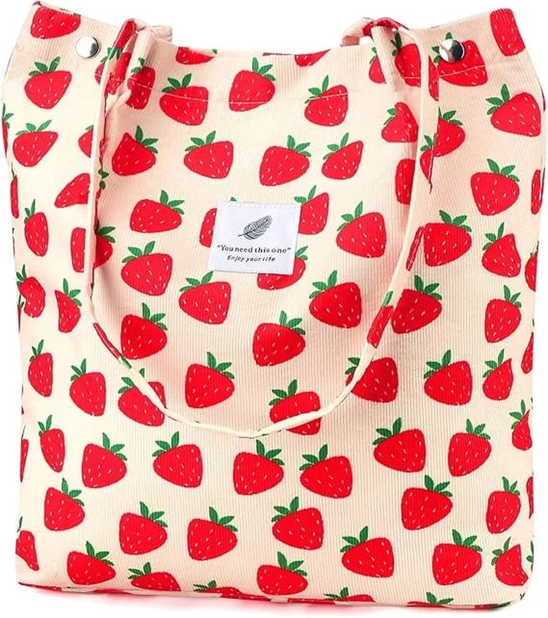 Corduroy Tote Bag for Women Girl Canvas Shoulder Cord Purse with Inner Pocket (Strawberry)