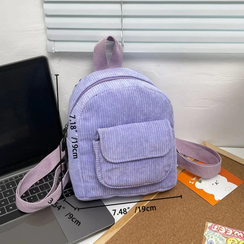 Solid Color Corduroy Mini Backpack Lightweight Small Backpacks Travel Rucksack School Baskpack Casual Girl Backpack