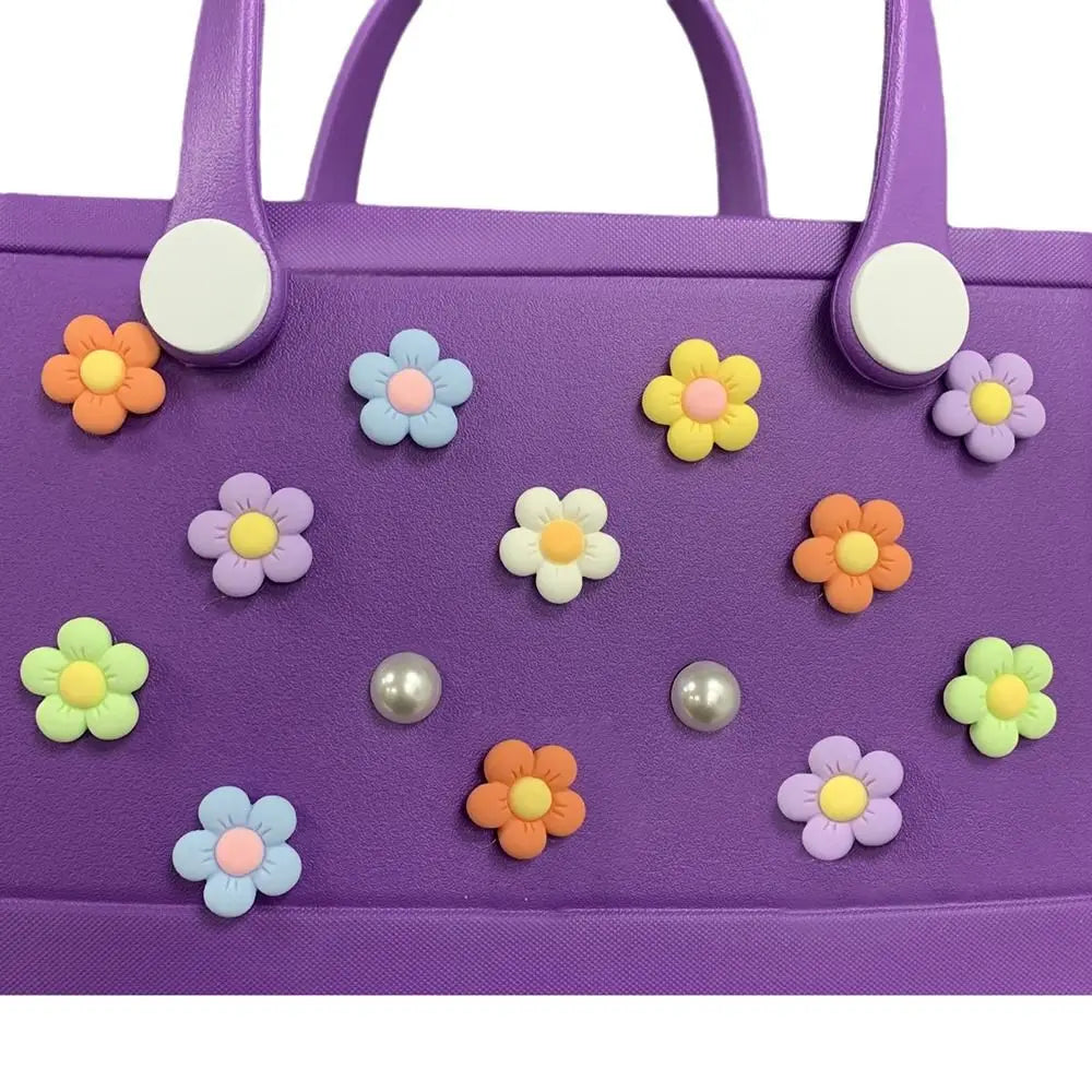 24Pcs Flowers and Pearls Charms for Bogg Bag Compatible with Women Rubber Beach Bag Tote Handbag Decoration
