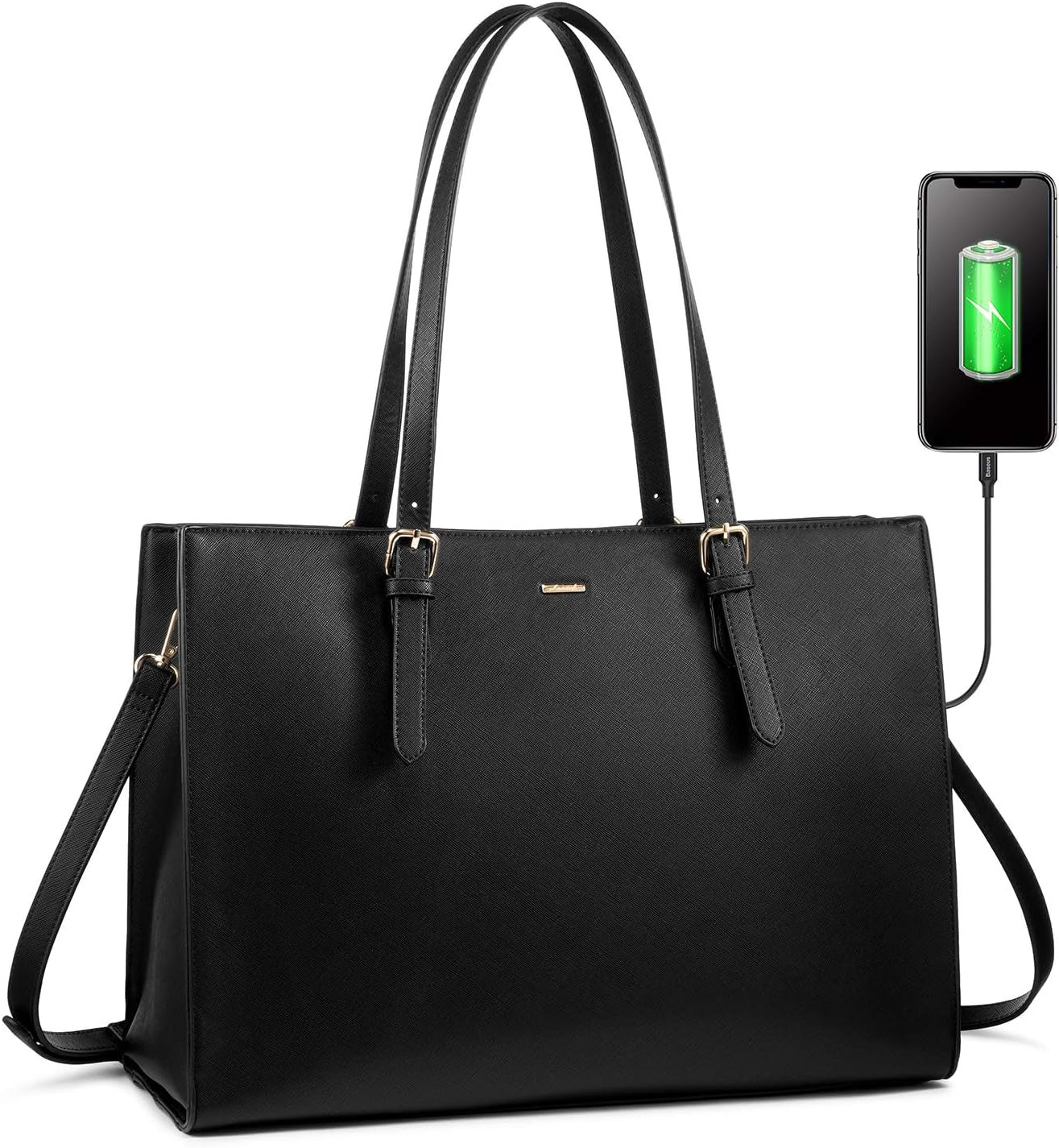 Laptop Bag for Women Professional Computer Bag Structured Leather Laptop Purse Large Laptop Tote Bag, 15.6-Inch, Black