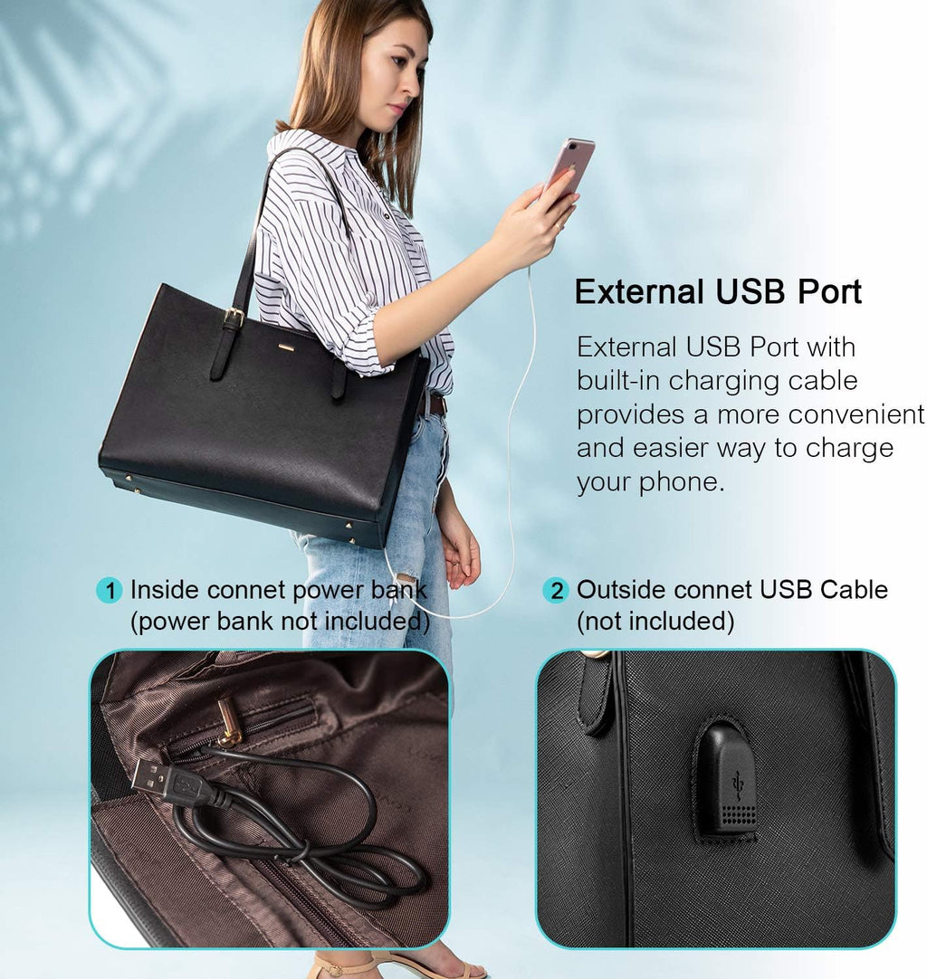 Laptop Bag for Women Professional Computer Bag Structured Leather Laptop Purse Large Laptop Tote Bag, 15.6-Inch, Black