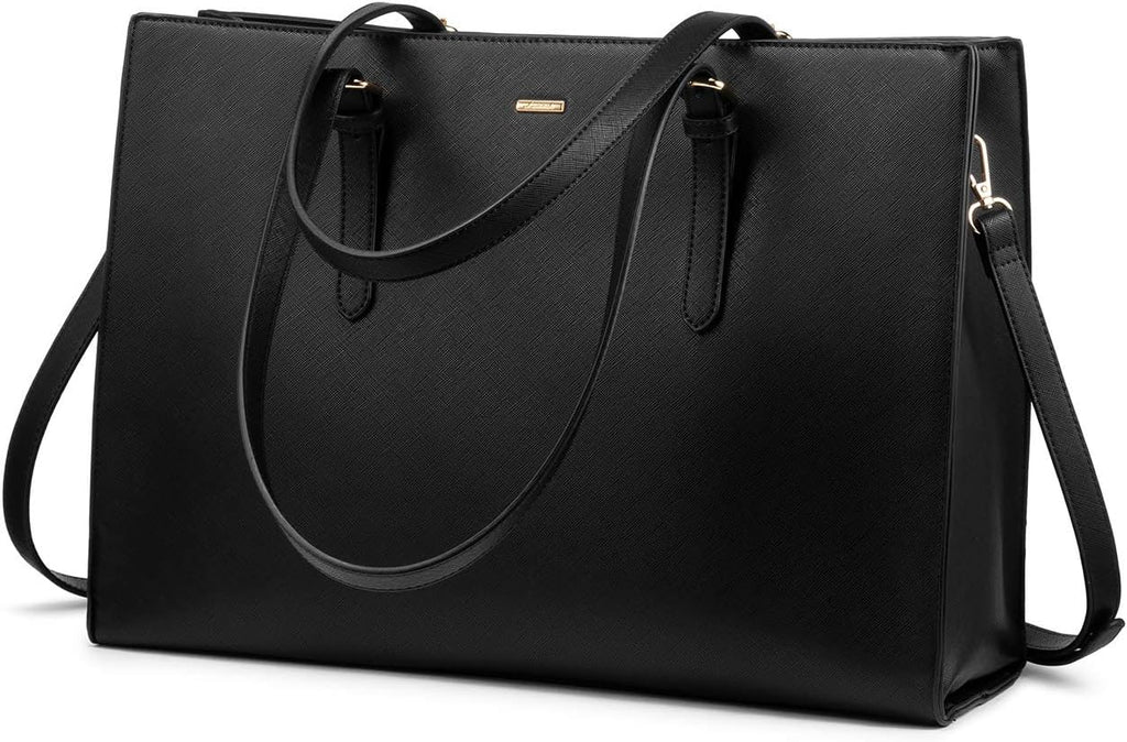 Laptop Bag for Women Professional Computer Bag Structured Leather Laptop Purse Large Laptop Tote Bag, 15.6-Inch, Black