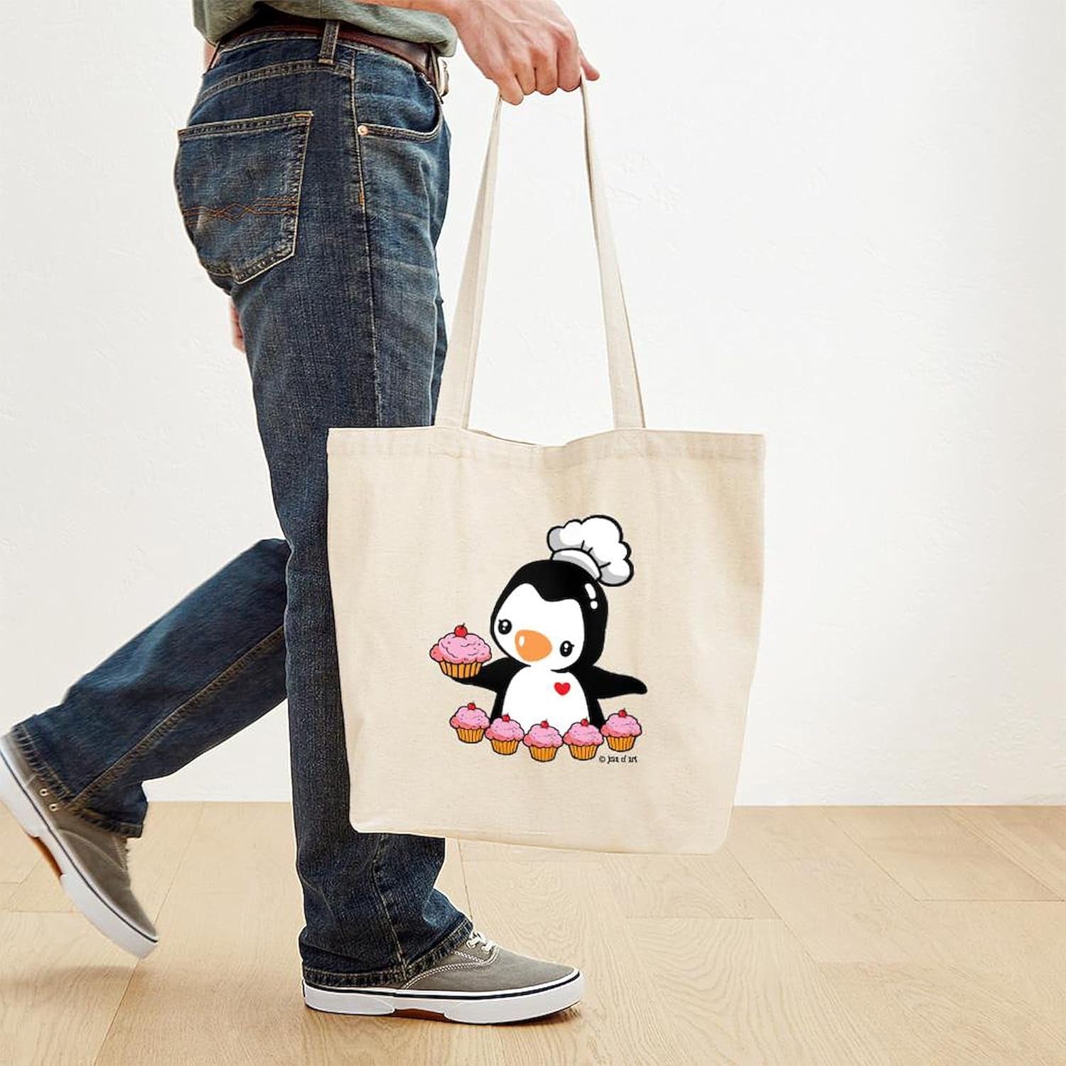 Cooking Penguin Tote Bag Reusable Natural Beige Canvas Shopping Bag