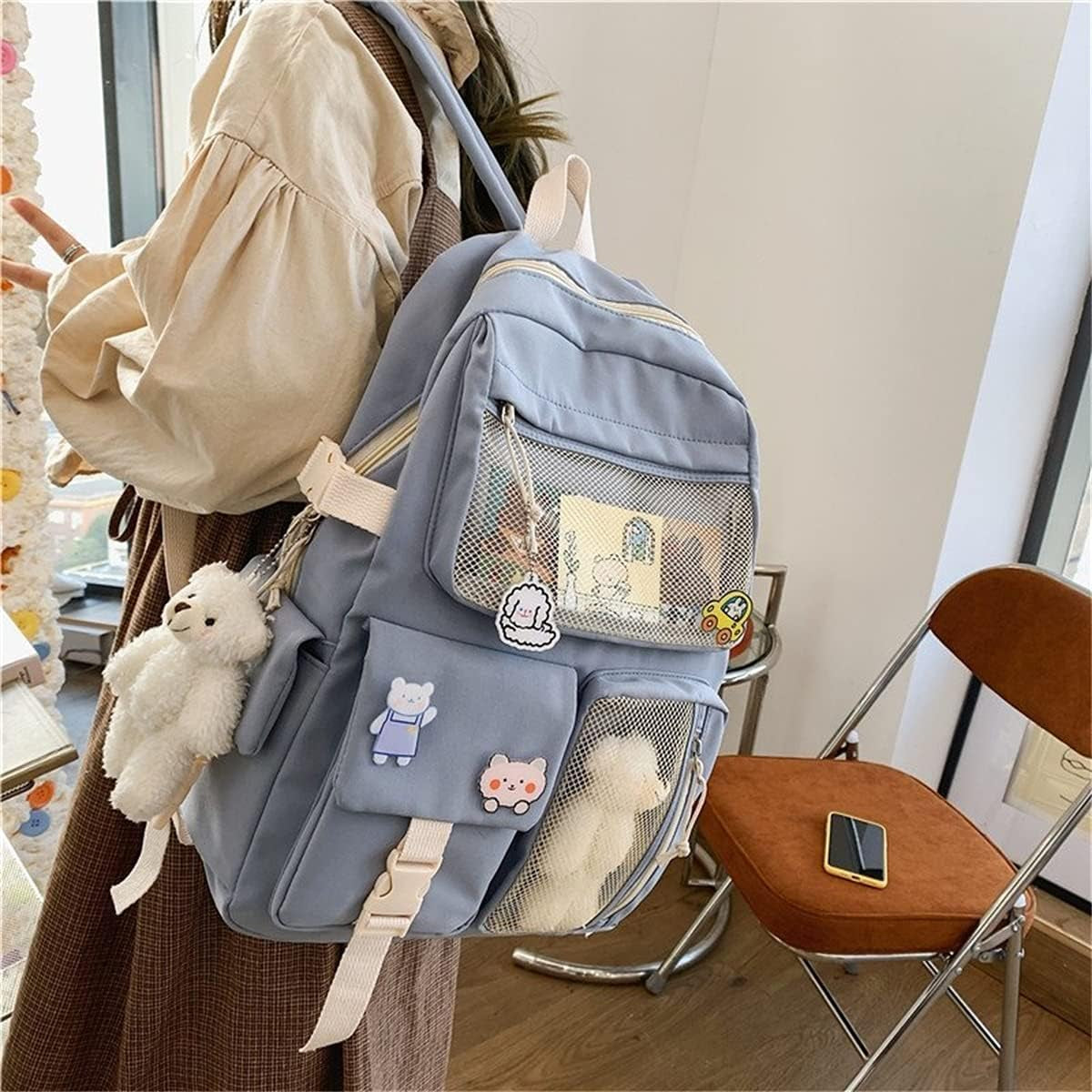 Kawaii Backpack for Girls Women with Pin Bear Accessories Cute College High School Backpack Laptop Bookbag Blue2