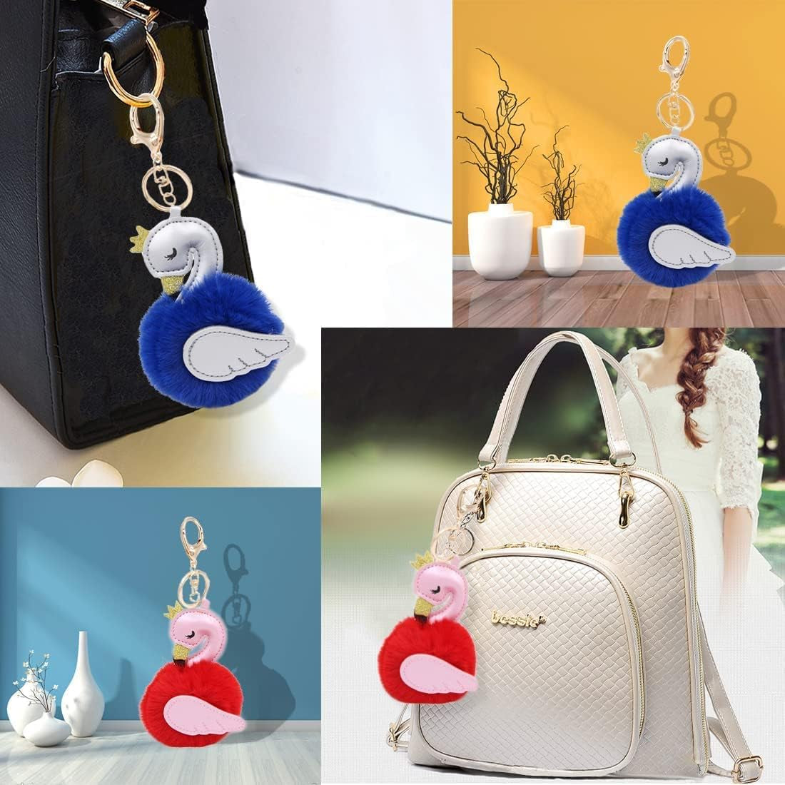 Christmas Gift 2 Pcs Pompom Doll Pendant Wallet Ornaments Leather Swan Keychain Fluffy Accessories Car Bag Ornaments