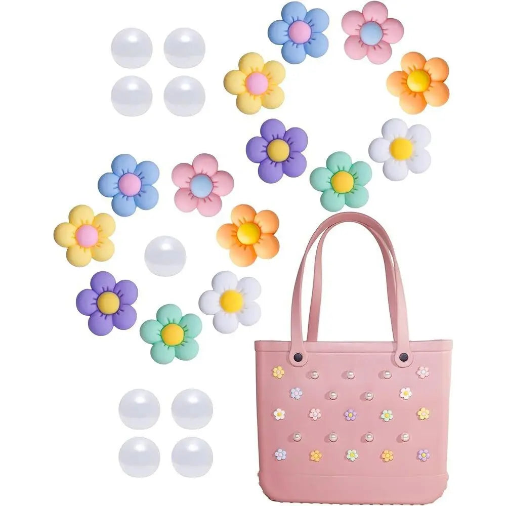 24Pcs Flowers and Pearls Charms for Bogg Bag Compatible with Women Rubber Beach Bag Tote Handbag Decoration