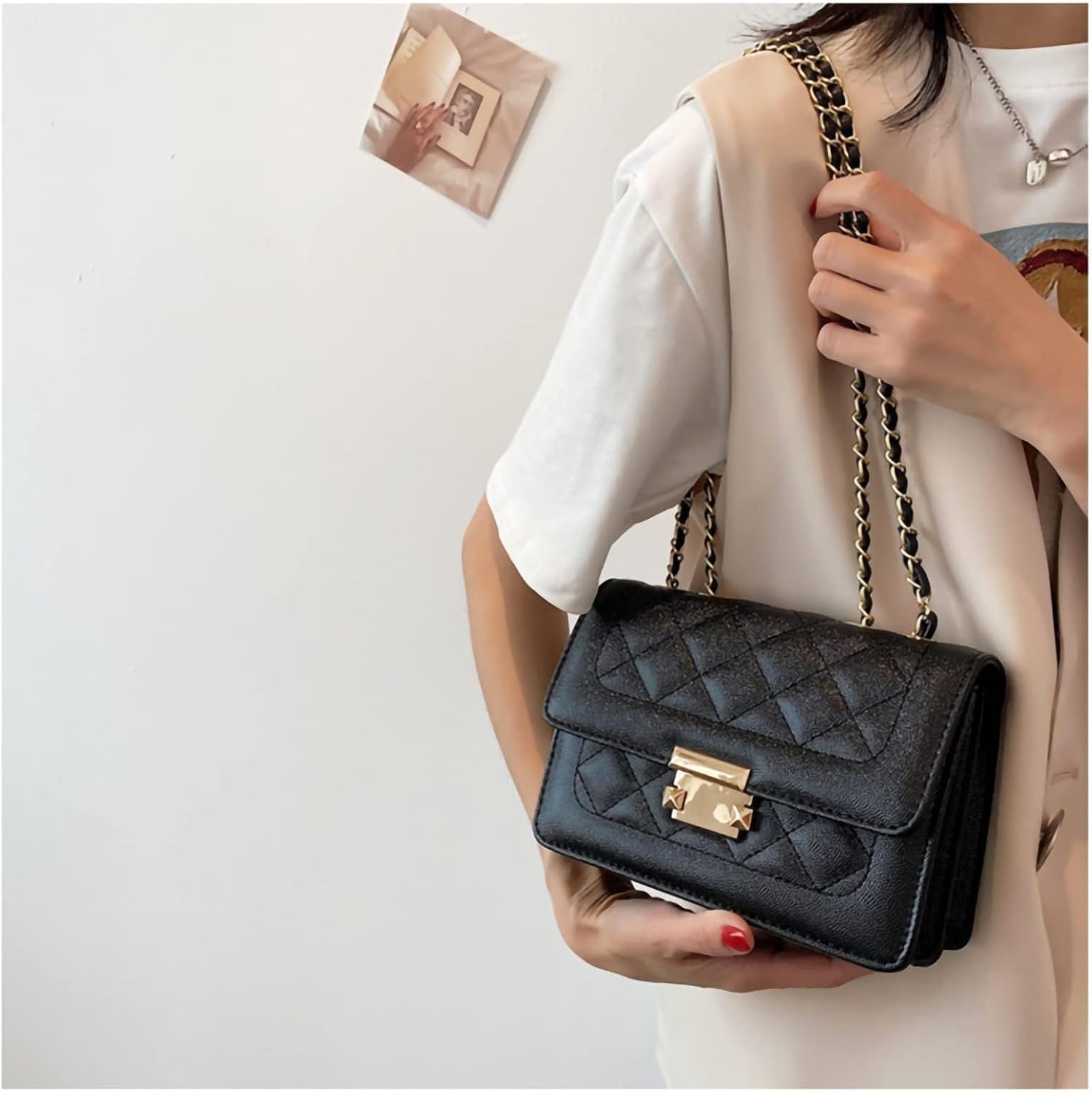 Purse Gold Chain Straps Woven Leather for Wallet Bag Crossbody Shoulder Handbags Replacement Chain Bag Strap (Black)