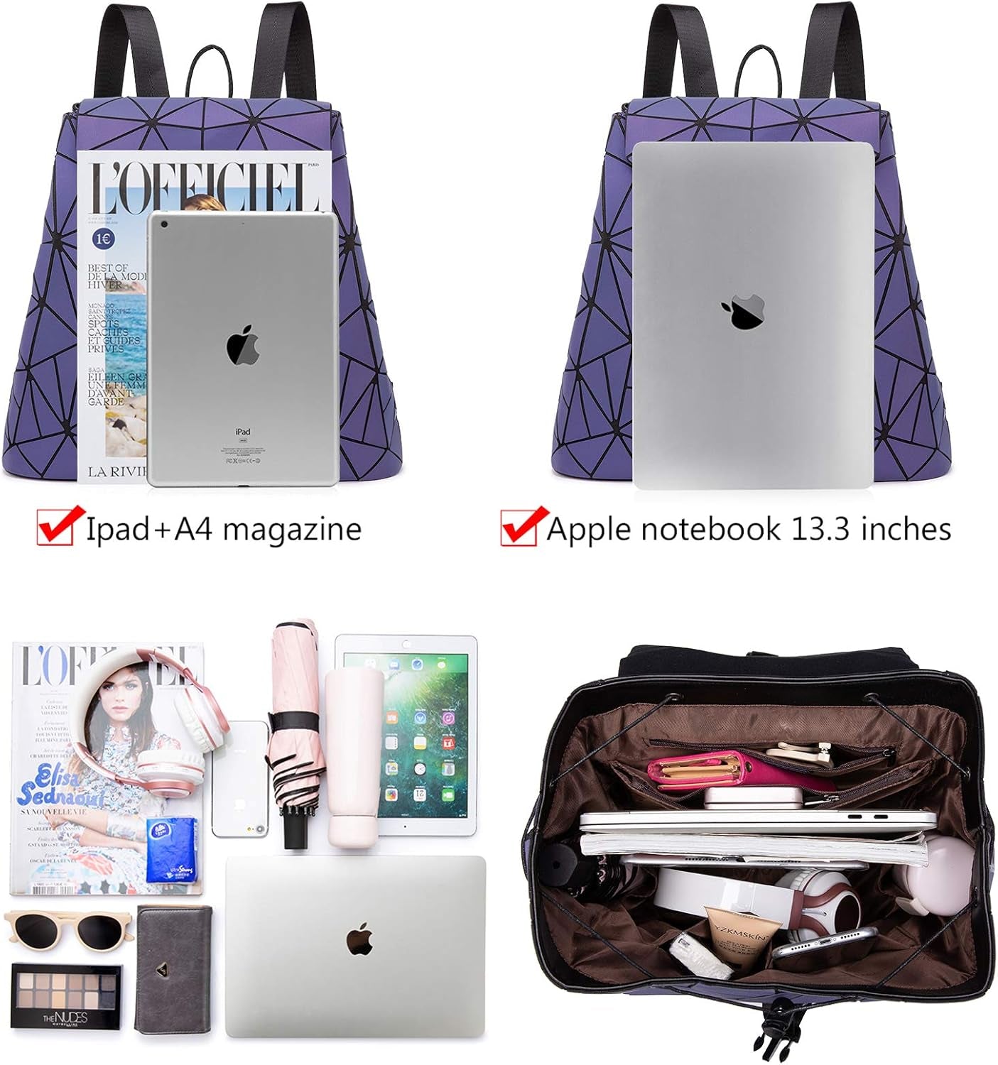 Geometric Luminous Backpack for Women Holographic Reflective Purses Crossbody Bag Wallet