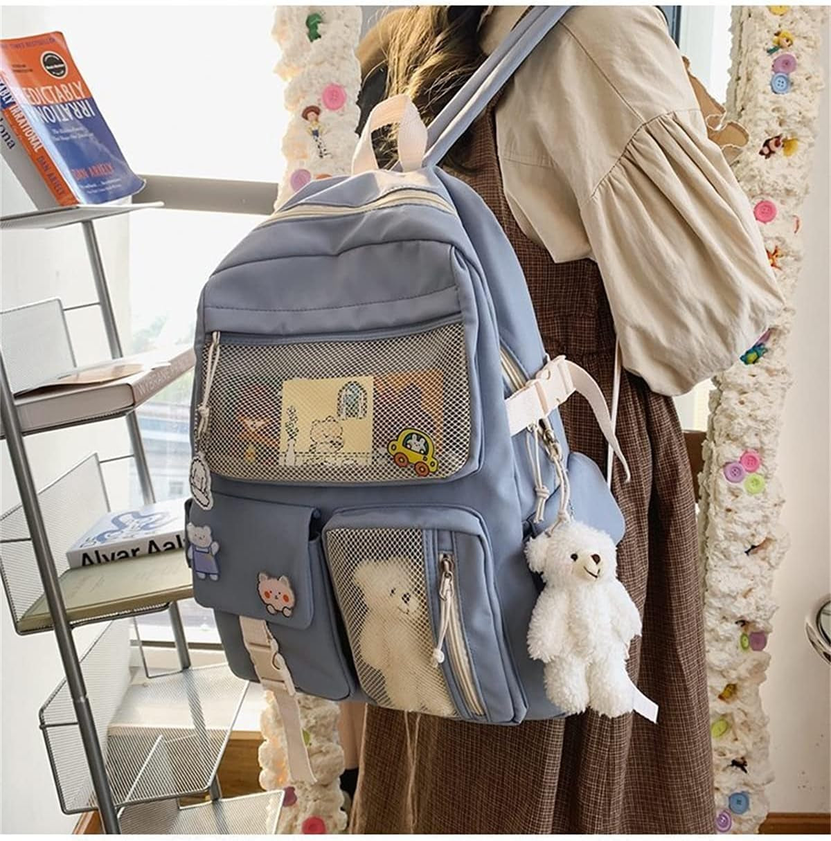 Kawaii Backpack for Girls Women with Pin Bear Accessories Cute College High School Backpack Laptop Bookbag Blue2