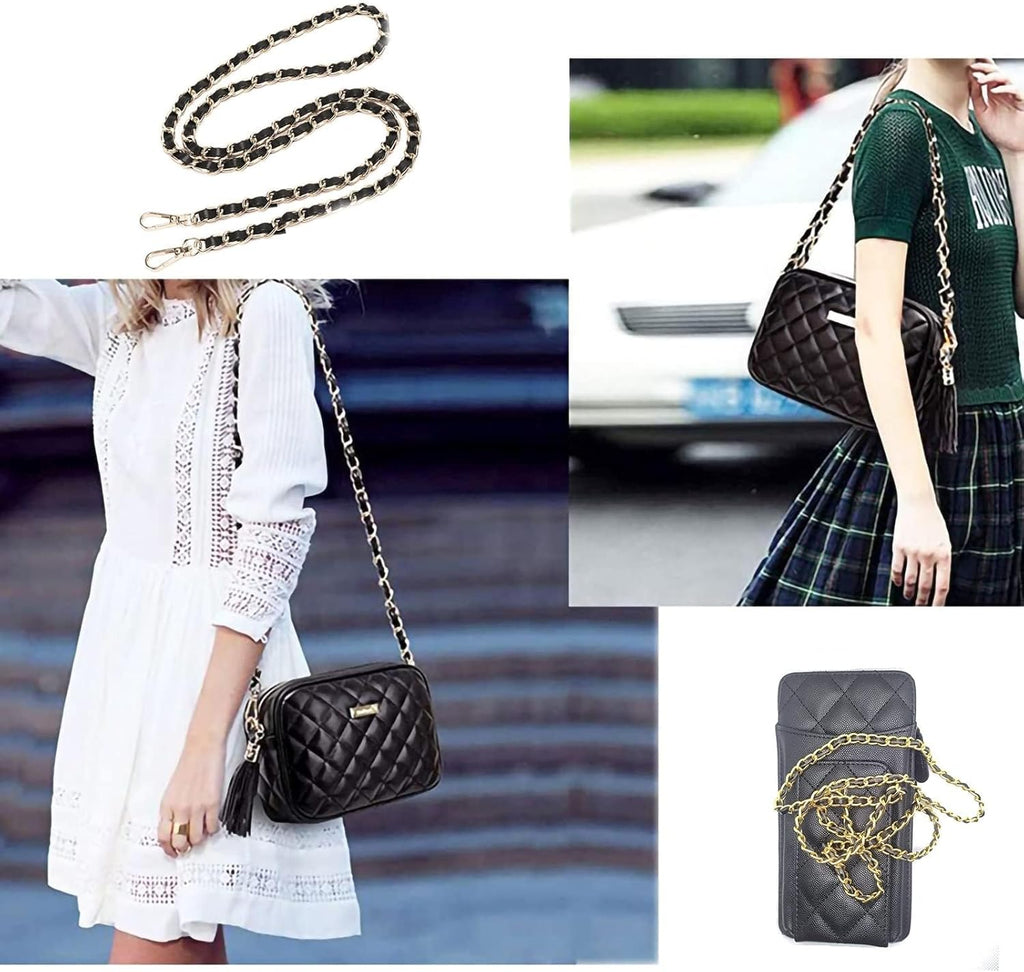 Purse Gold Chain Straps Woven Leather for Wallet Bag Crossbody Shoulder Handbags Replacement Chain Bag Strap (Black)