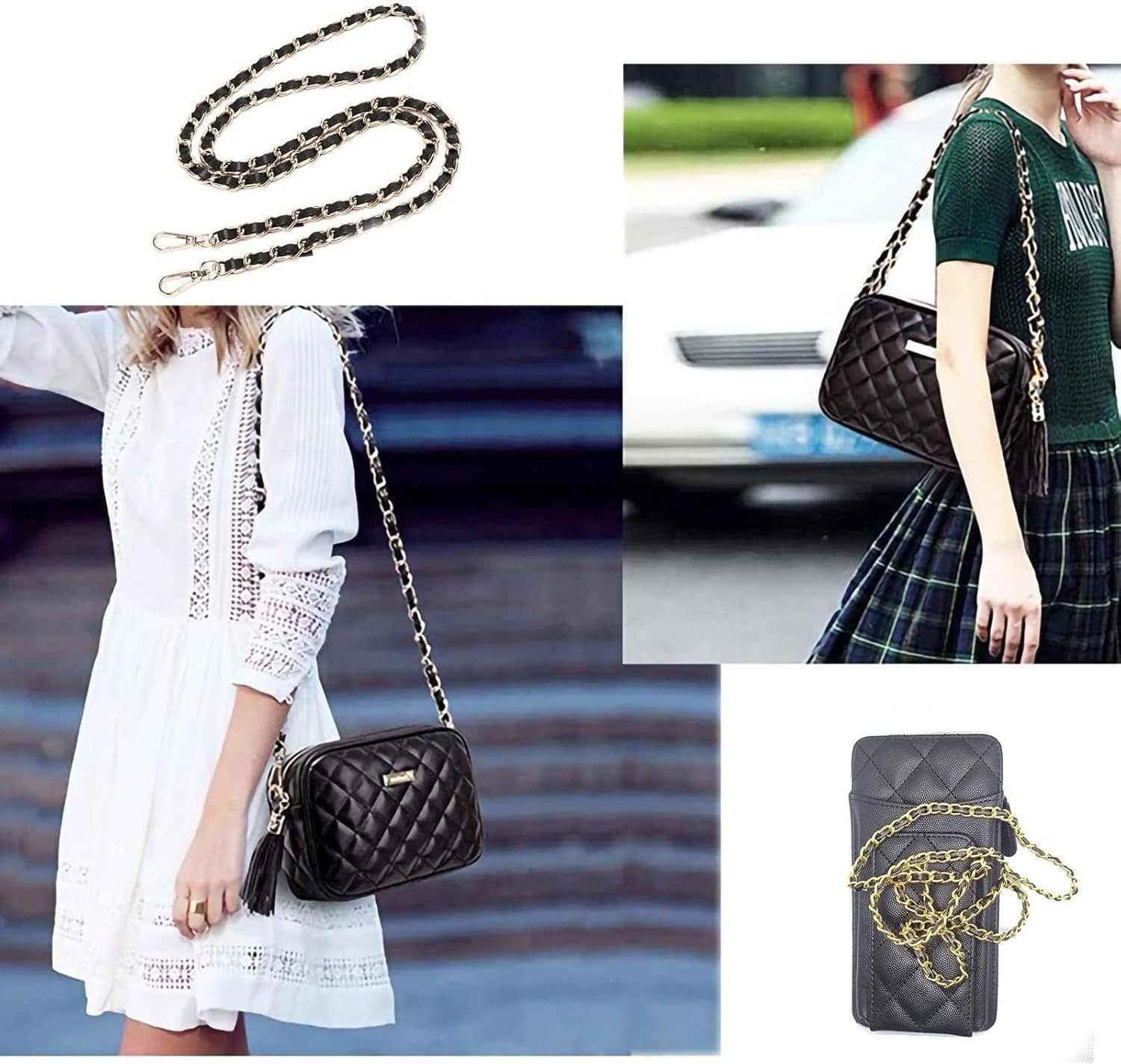 Purse Gold Chain Straps Woven Leather for Wallet Bag Crossbody Shoulder Handbags Replacement Chain Bag Strap (Black)