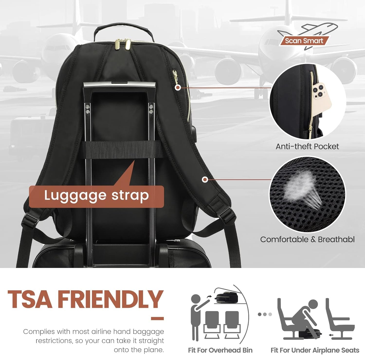 Laptop Backpack for Women 15.6 Inch,Cute Womens Travel Backpack Purse,Professional Laptop Computer Bag,Waterproof Work Business College Teacher Bags Carry on Backpack with USB Port,Black