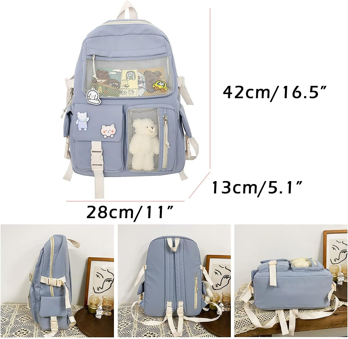 Kawaii Backpack for Girls Women with Pin Bear Accessories Cute College High School Backpack Laptop Bookbag Blue2