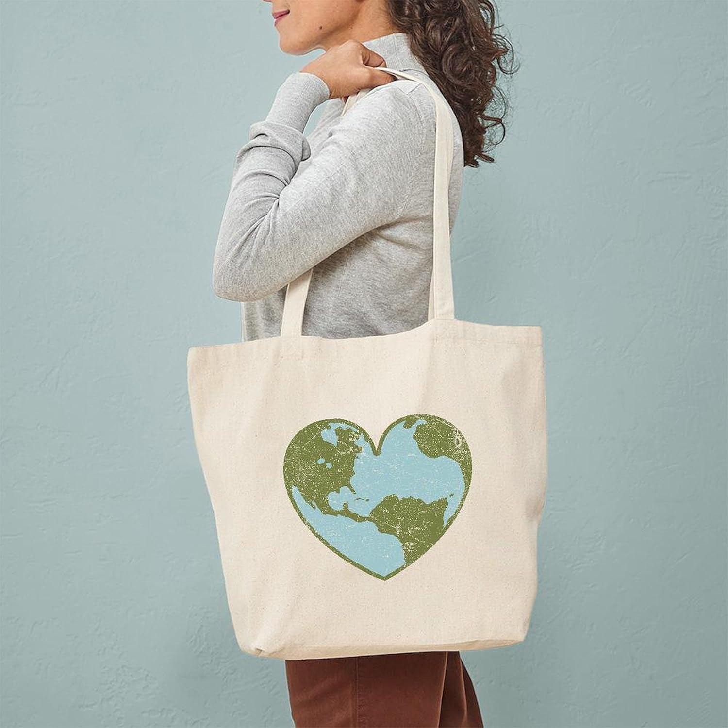 Earth Love Tote Bag Natural Canvas Tote Bag, Reusable Shopping Bag