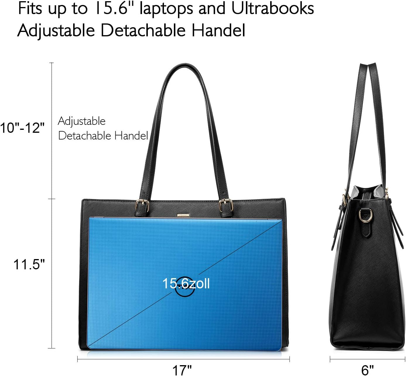 Laptop Bag for Women Professional Computer Bag Structured Leather Laptop Purse Large Laptop Tote Bag, 15.6-Inch, Black