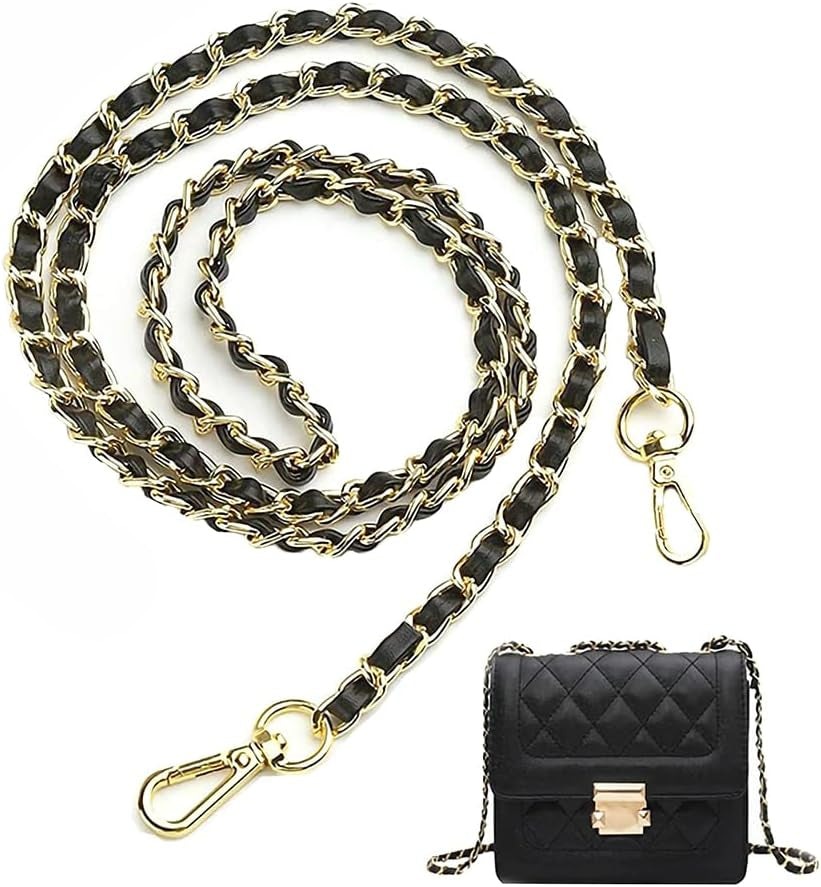 Purse Gold Chain Straps Woven Leather for Wallet Bag Crossbody Shoulder Handbags Replacement Chain Bag Strap (Black)