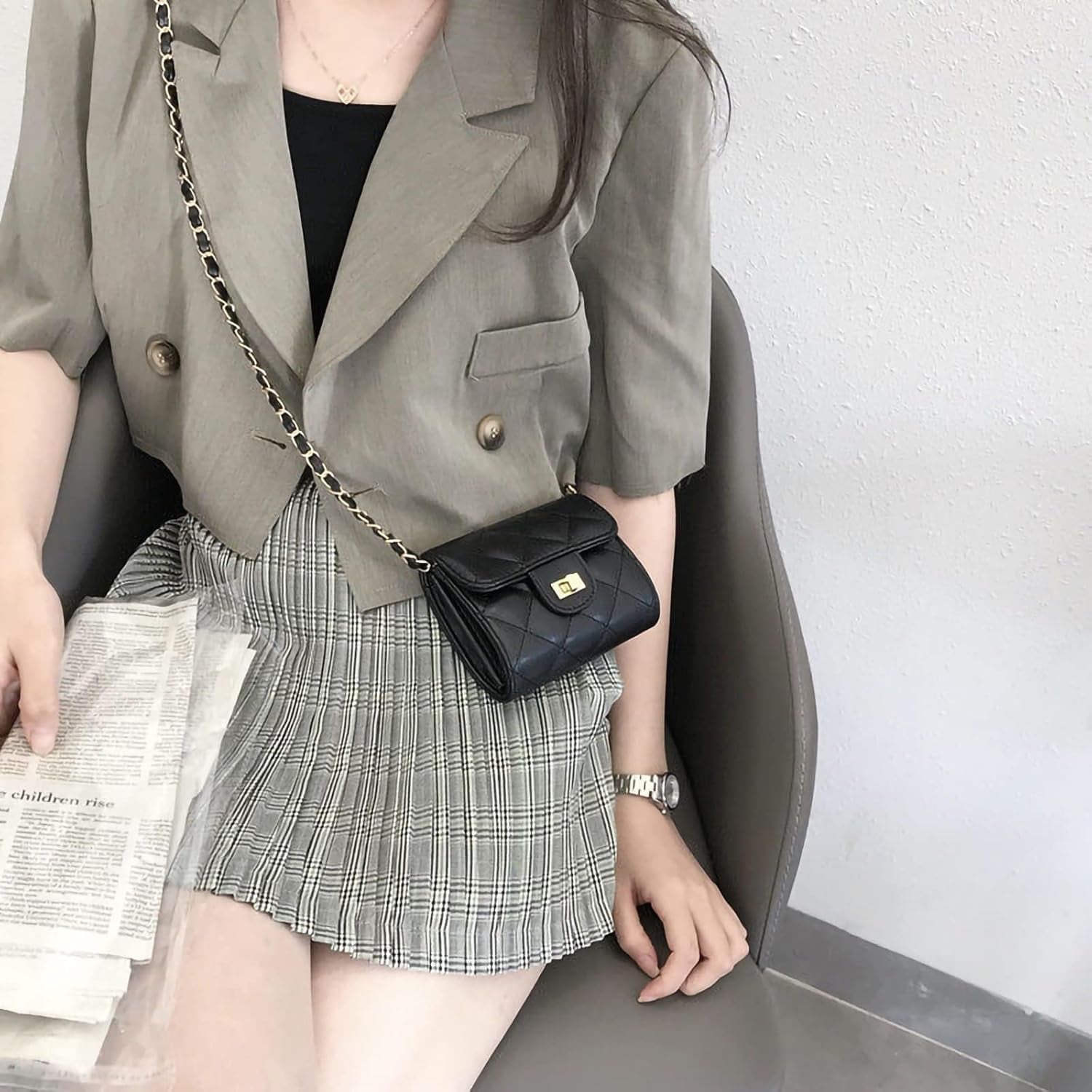 Purse Gold Chain Straps Woven Leather for Wallet Bag Crossbody Shoulder Handbags Replacement Chain Bag Strap (Black)