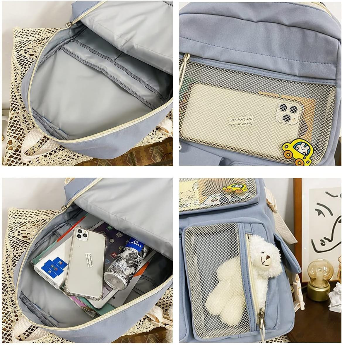 Kawaii Backpack for Girls Women with Pin Bear Accessories Cute College High School Backpack Laptop Bookbag Blue2