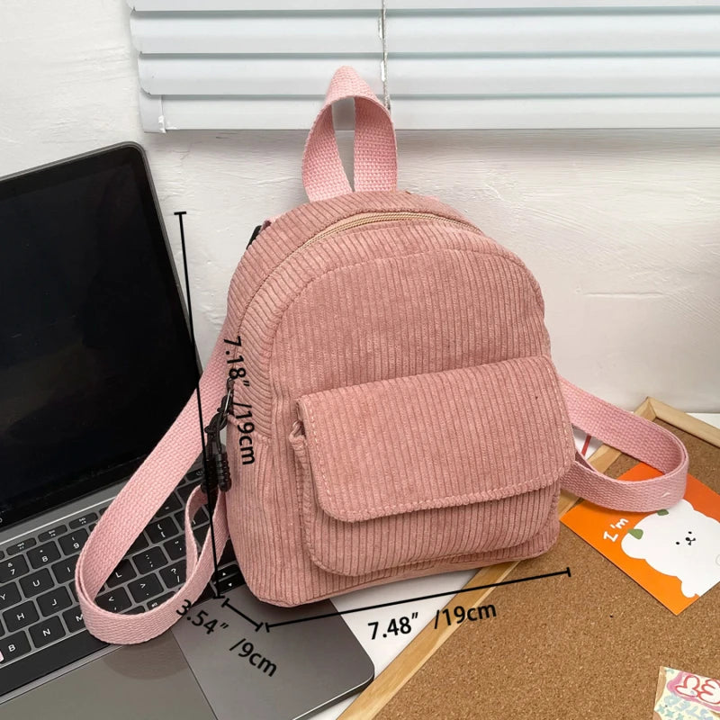 Solid Color Corduroy Mini Backpack Lightweight Small Backpacks Travel Rucksack School Baskpack Casual Girl Backpack