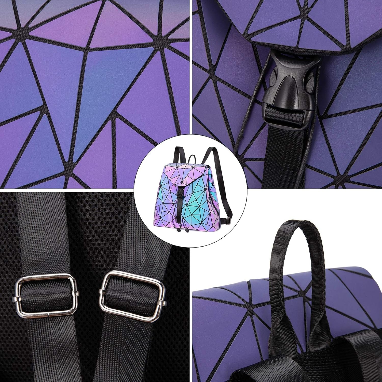 Geometric Luminous Backpack for Women Holographic Reflective Purses Crossbody Bag Wallet