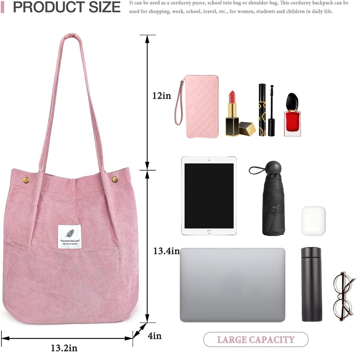 Corduroy Tote - Cute Women'S Shoulder Bag, Book Bag, Purse