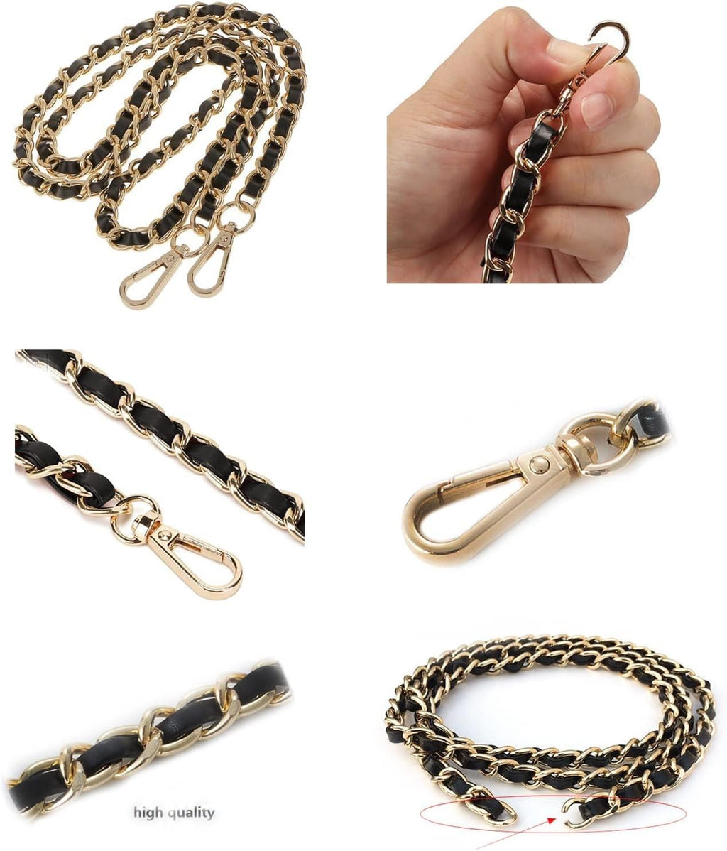 Purse Gold Chain Straps Woven Leather for Wallet Bag Crossbody Shoulder Handbags Replacement Chain Bag Strap (Black)