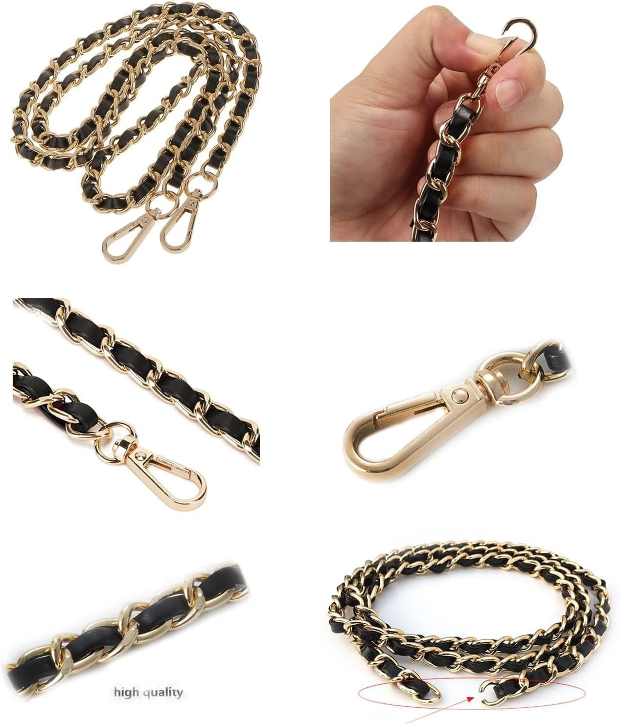 Purse Gold Chain Straps Woven Leather for Wallet Bag Crossbody Shoulder Handbags Replacement Chain Bag Strap (Black)