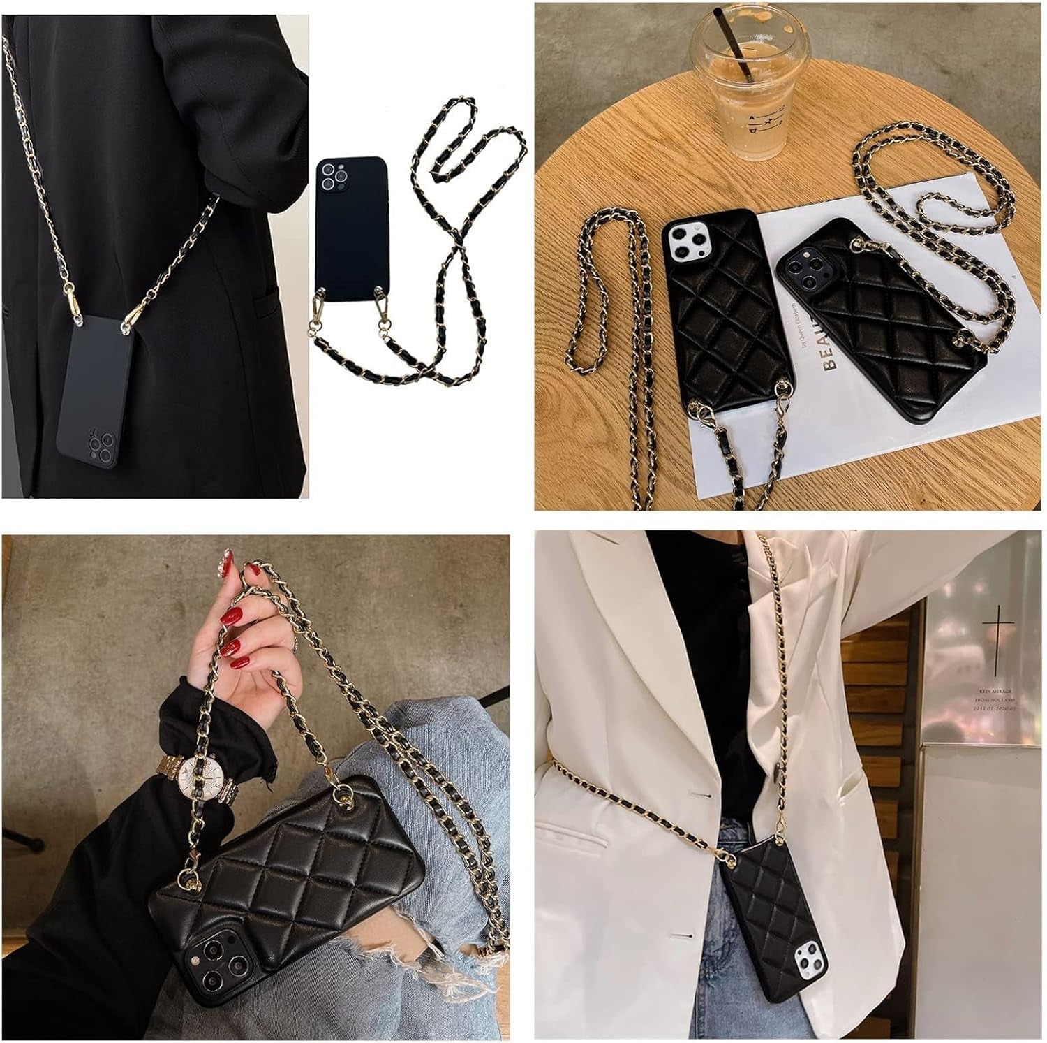 Purse Gold Chain Straps Woven Leather for Wallet Bag Crossbody Shoulder Handbags Replacement Chain Bag Strap (Black)