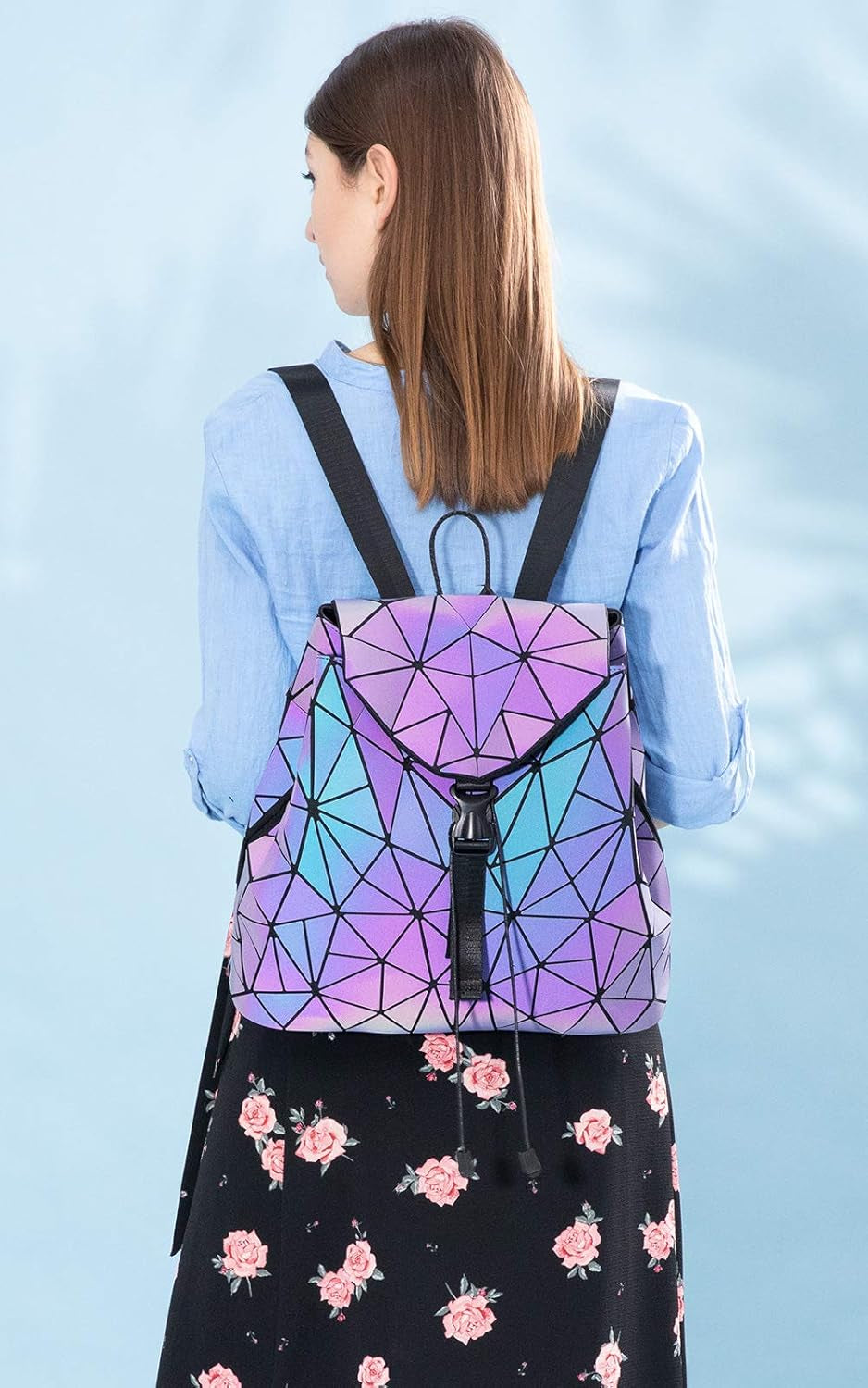 Geometric Luminous Backpack for Women Holographic Reflective Purses Crossbody Bag Wallet