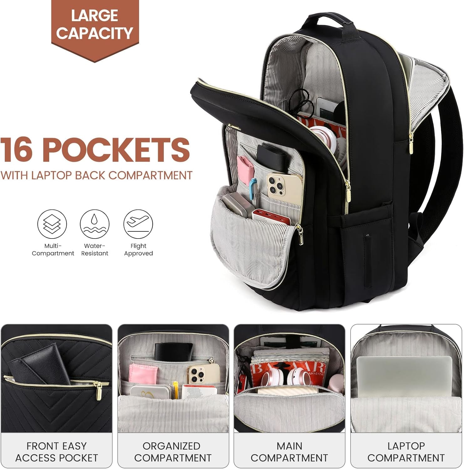 Laptop Backpack for Women 15.6 Inch,Cute Womens Travel Backpack Purse,Professional Laptop Computer Bag,Waterproof Work Business College Teacher Bags Carry on Backpack with USB Port,Black