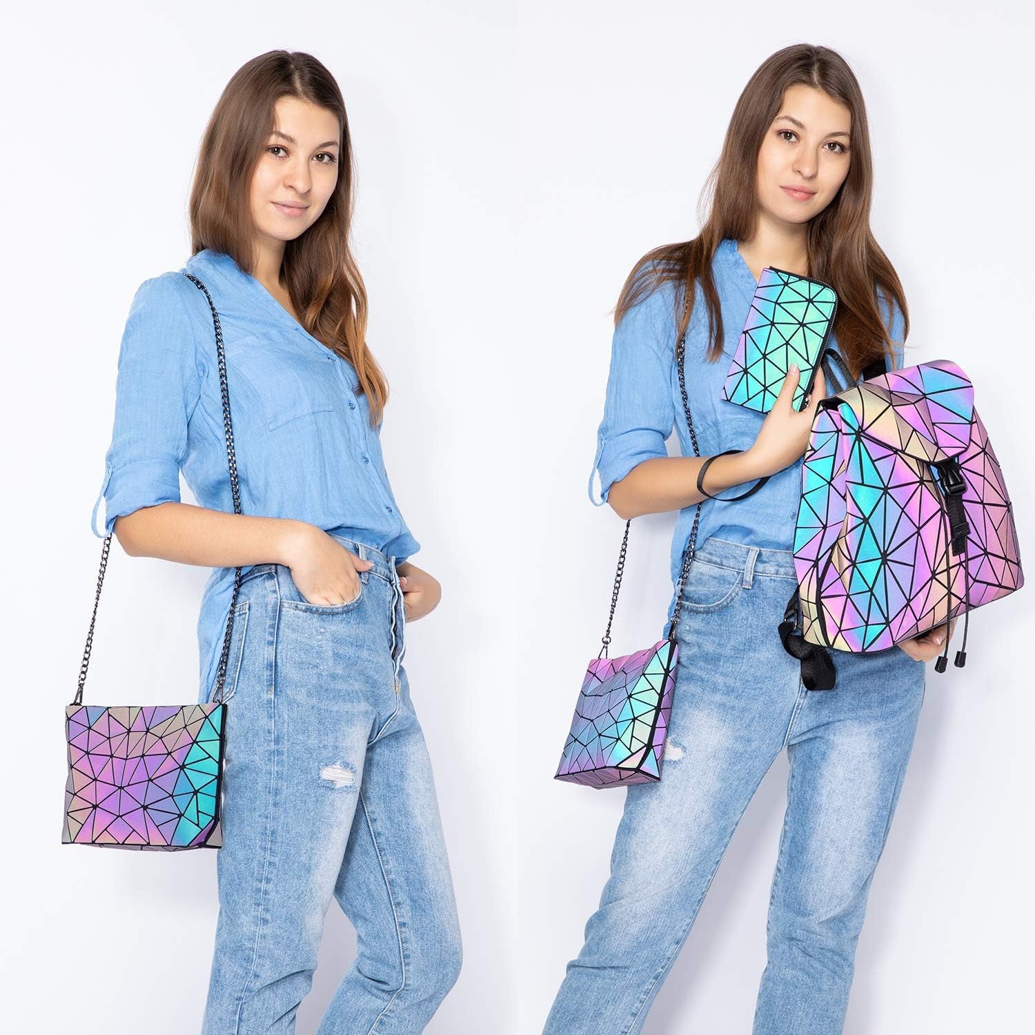 Geometric Luminous Purses and Handbags for Women Holographic Reflective Crossbody Bag Wallet
