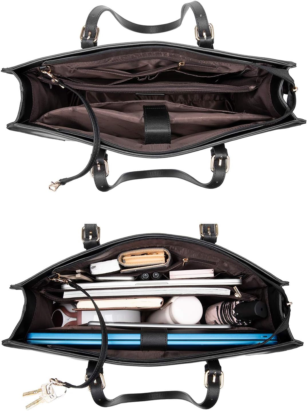Laptop Bag for Women Professional Computer Bag Structured Leather Laptop Purse Large Laptop Tote Bag, 15.6-Inch, Black